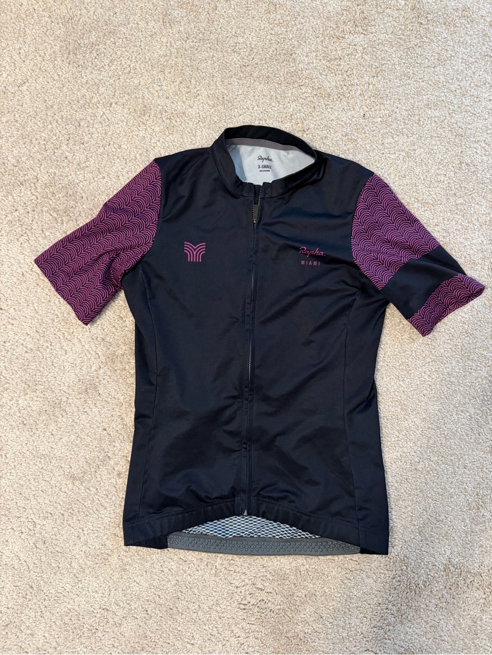 Rapha Black women’s Cycling Jersey with Purple Patterned Sleeves